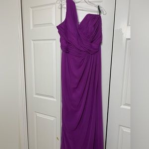 This is a fuchsia colored one strapped Dessy Collection bridesmaid dress